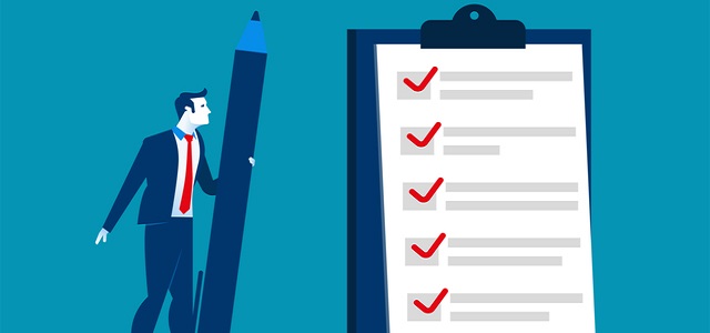 Businessman checklist on the clipboard. Concept business illustration. Vector